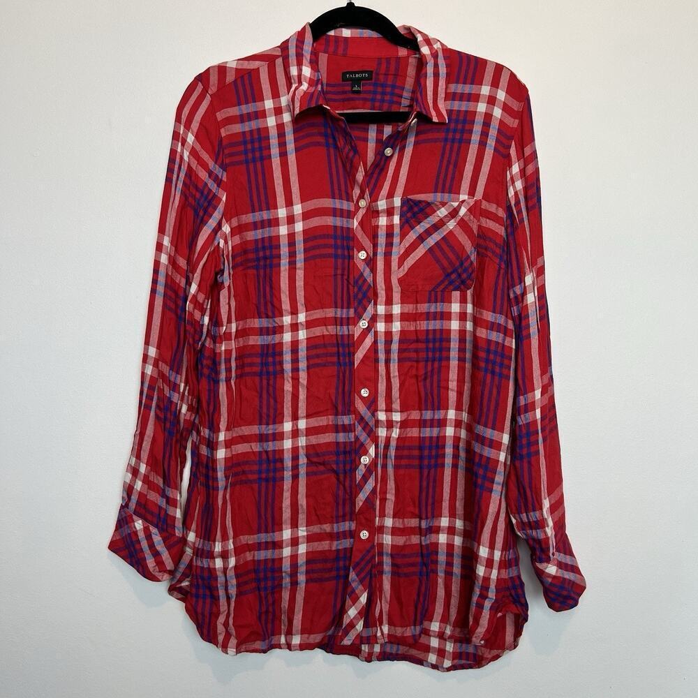 Talbots plaid woven button down blouse LG rayon fall autmn cozy